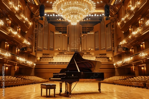 Elegant grand piano on stage in a luxurious concert hall with a grand chandelier and seating.