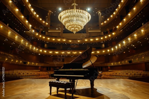 Elegant concert hall interior with a grand piano center stage under a large chandelier.