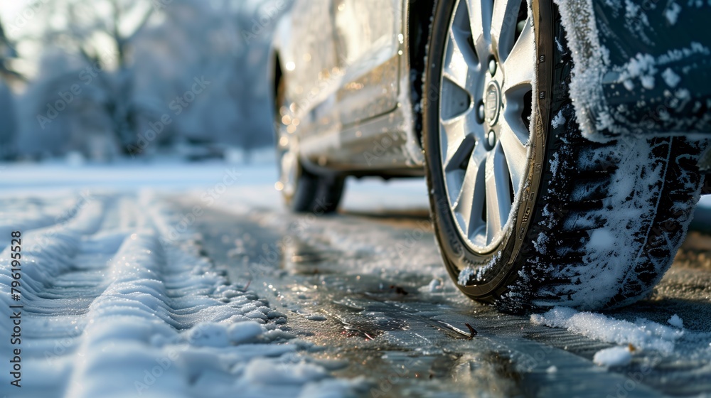 Close-up of a car's tire and wheel covered with snow on a frosty winter road.