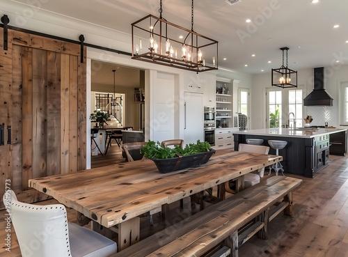 White farmhouse dining room with a rustic wooden table and chairs, a chandelier hanging above a long rectangular wood bench in front of a large oak floor to ceiling window with a sliding barn door
