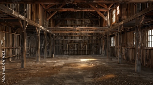 Sunlight streams into an old, rustic wooden barn with dusty floors and intricate timber framing.
