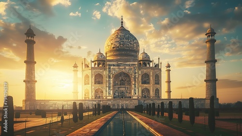 aj Mahal main view on the sunset, famous marble mausoleum of Agra, Uttar Pradesh, Indi photo