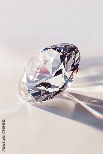 A close-up of a sparkling diamond on a soft pink surface with light reflections.