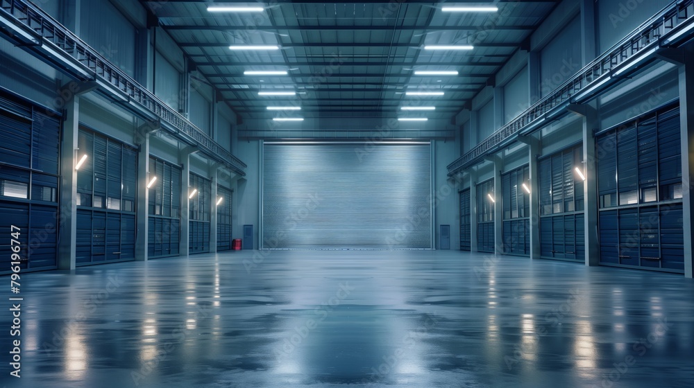 Empty industrial warehouse interior illuminated by overhead lights with large and small closed doors. Empty industrial warehouse interior illuminated by overhead lights with large and small closed doors.