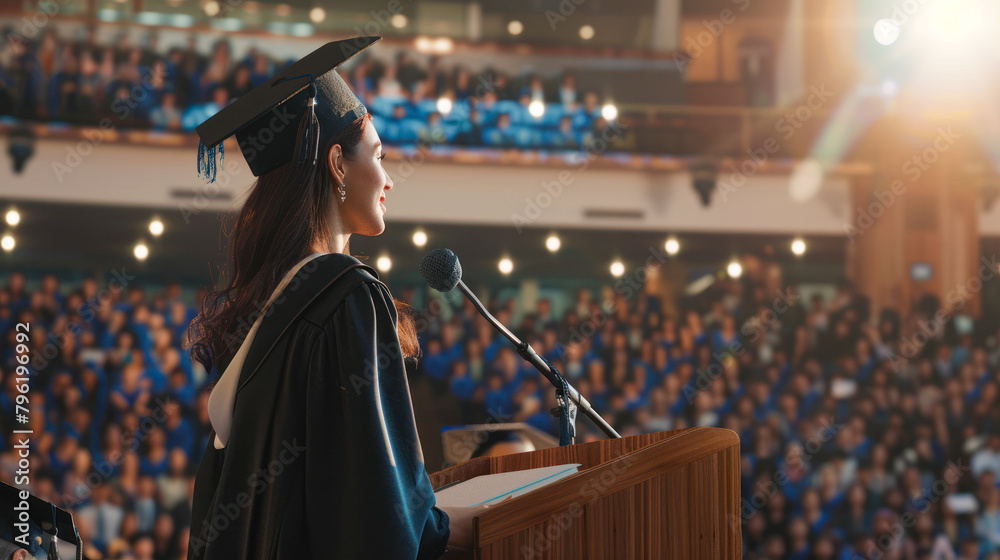 © Dina Photo Stories - Young happy woman in a gown and a mortarboard stands at a podium and gives a graduation speech. Valedictorian young female student wearing graduation hat giving graduation speech to the audience © Dina Photo Stories - Young happy woman in a gown and a mortarboard stands at a podium and gives a graduation speech. Valedictorian young female student wearing graduation hat giving graduation speech to the audience