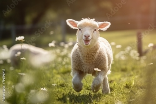 a happy sheep playing at green grass, 