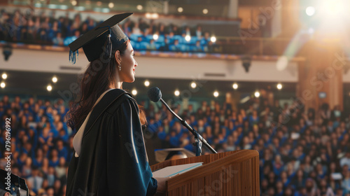 Young happy woman in a gown and a mortarboard stands at a podium and gives a graduation speech. Valedictorian young female student wearing graduation hat giving graduation speech to the audience