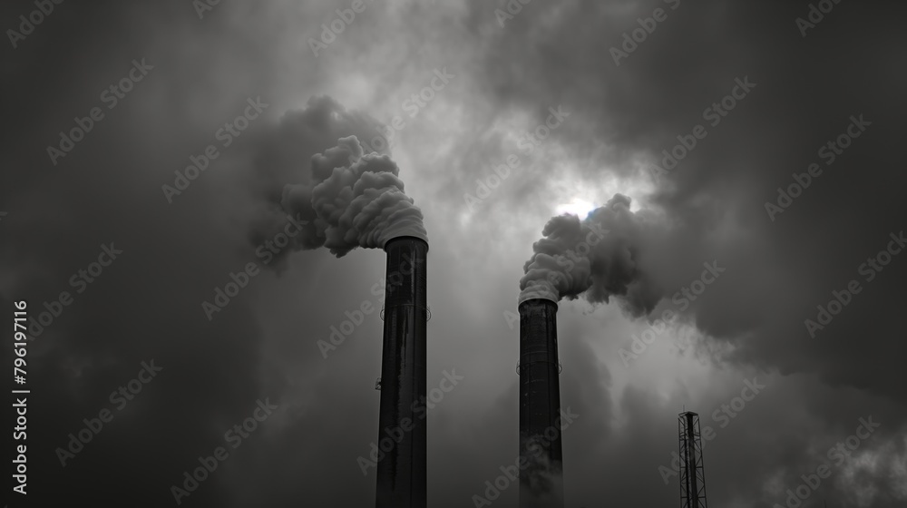 Dramatic black and white image of smoke billowing from industrial chimneys against a cloudy sky. Dramatic black and white image of smoke billowing from industrial chimneys against a cloudy sky.
