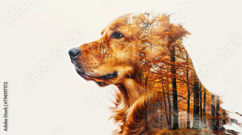 Double exposure of golden retriever and forest on white background.