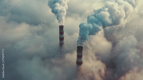 Aerial view of three industrial chimneys emitting thick smoke into a cloudy sky. photo