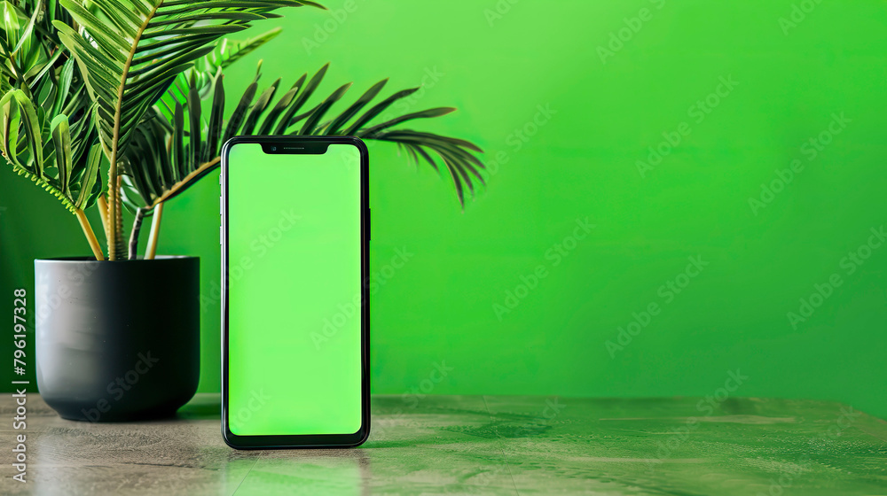 Smartphone with green screen on wooden table and green wall background. Smartphone with green screen on wooden table and green wall background.