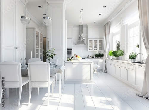 White kitchen with island and dining area in a luxury home