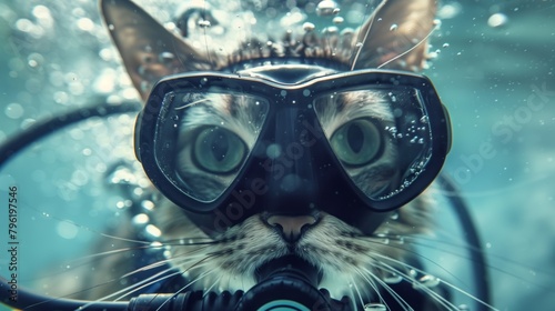 A whimsical image of a cat wearing a diving mask and snorkel underwater, surrounded by bubbles. © Natalia