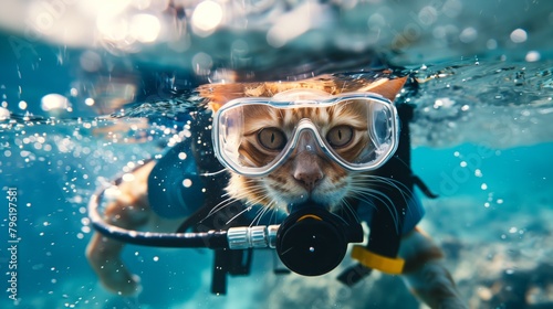 A comical image of a cat in snorkeling gear submerged underwater, with bubbles around. photo