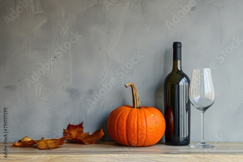 Still life scene featuring an orange pumpkin and a black wine bottle, suitable for culinary articles and fall decor ideas.and Halloween decorations, cards..pumpkin and wine bottle on plain background photo