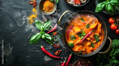 A steaming pot of aromatic curry surrounded by colorful ingredients and herbs