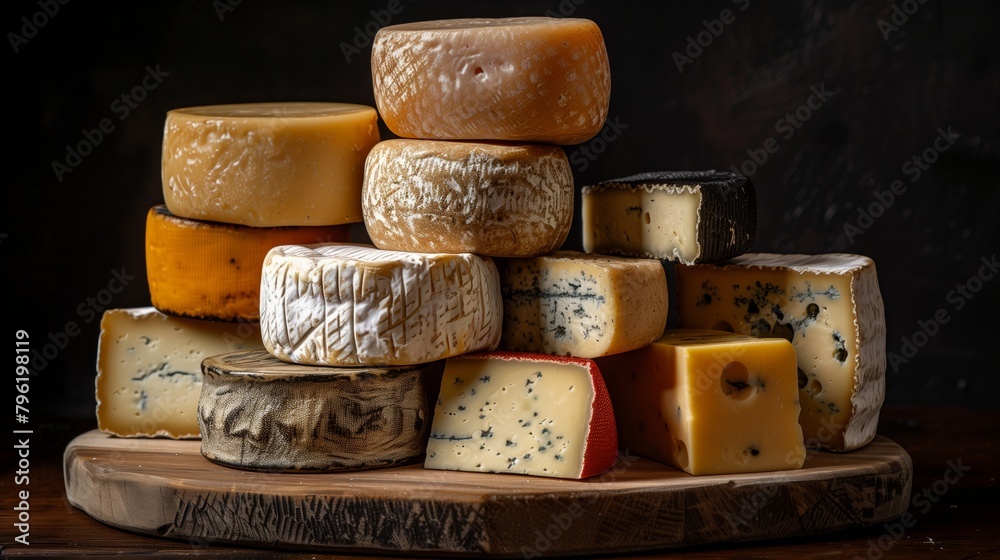 An assortment of various types of gourmet cheeses on a wooden board