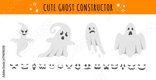 Cute Halloween Ghost Character Constructor. Hand drawn funny ghosts and spooky face expressions variations. Vector halloween characters creation set. Cartoon spooky flying spirits kit.
