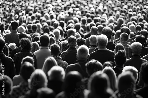 A black and white photo capturing a large crowd of people