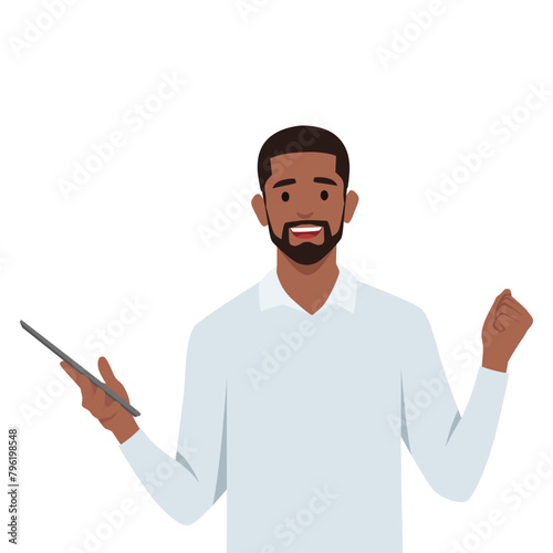 Young man Overjoyed look at viewer make yes hand gesture excited with good result. Flat vector illustration isolated on white background