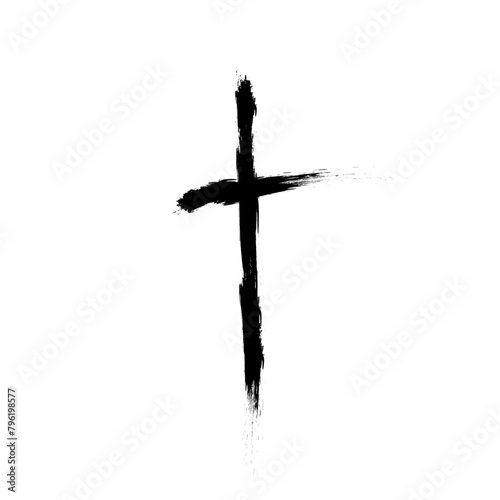 Grunge Christian Church cross. Hand drawn Catholic cross. Sketch black religious crucifix symbol. Vector illustration isolated on white background.