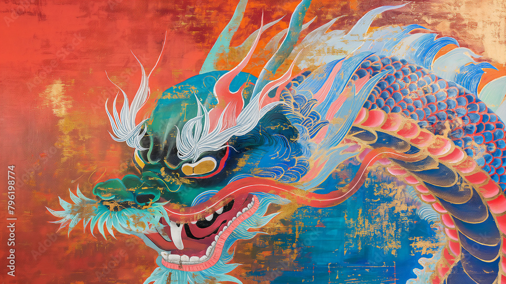 A vibrant traditional dragon painting with fiery colors against a red and blue backdrop.