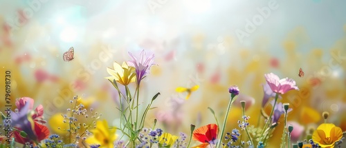 Summer meadow background, fluttering butterflies and wildflowers , blue sky with sunshine, Enhance the vibrant colors, beautiful bokeh, Illustration