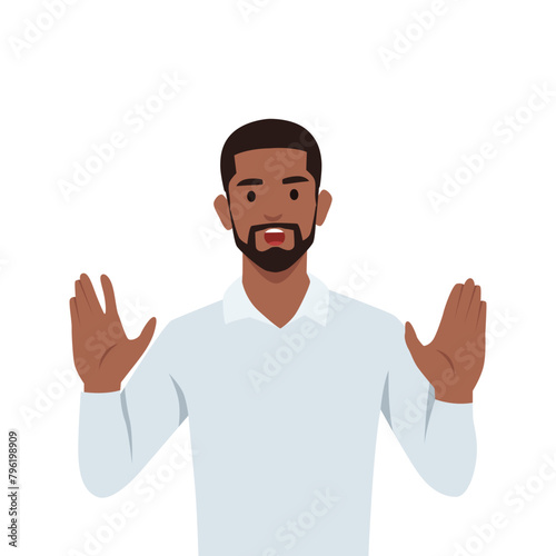 Young man bothered making or showing stop gesture sign with hand, saying no. Shocked. Flat vector illustration isolated on white background