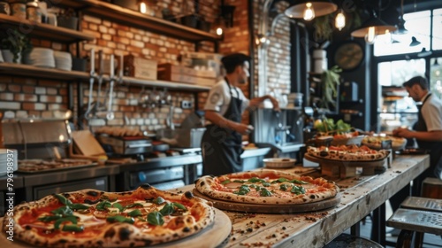 A stylish pizzeria interior with brick walls and industrial decor, pizzas being served