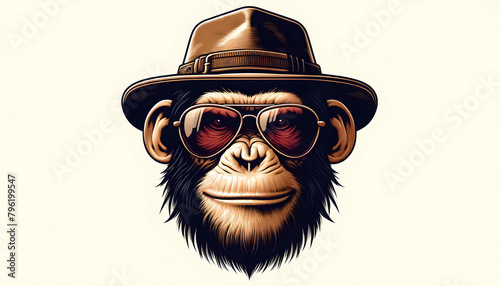 Vintage Explorer Chimpanzee: Digital Illustration, Chimpanzee in Explorer Hat: Digital Illustration, Vintage Explorer Chimpanzee Head: Digital Art