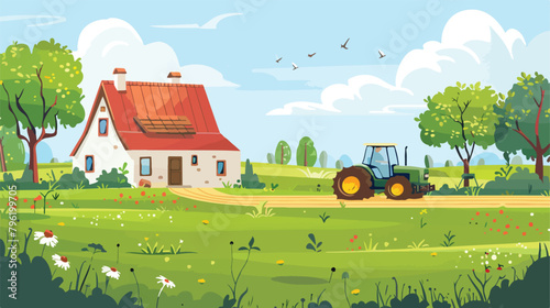 Summer landscape with farmhouse and tractor on the fi