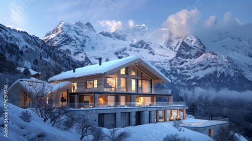 A luxurious chalet nestled in a remote valley with large windows that offer breathtaking views of snowcovered peaks. 2d flat cartoon. © Justlight