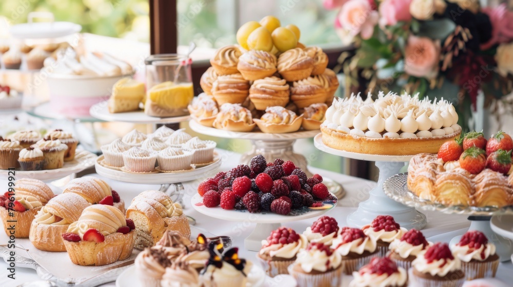 A table spread with an array of mouthwatering pastries and confections, inviting a delightful treat