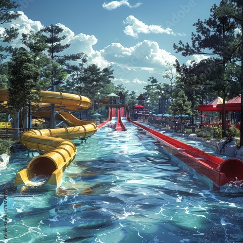 Safety and Fun: Showcase lifeguards or safety personnel overseeing the water slide area, ensuring the safety of riders and providing assistance when needed. Generative AI
