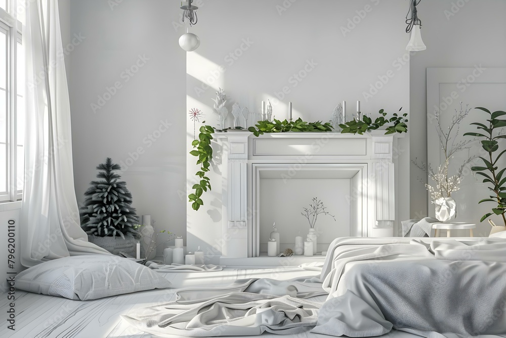 Fototapeta premium 3D render of a white and gray bedroom with fireplace and decor. Concept 3D Render, Bedroom Design, White and Gray, Fireplace, Home Decor
