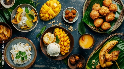 A Thai dessert spread featuring sticky rice with mango, coconut ice cream, and crispy banana fritters photo