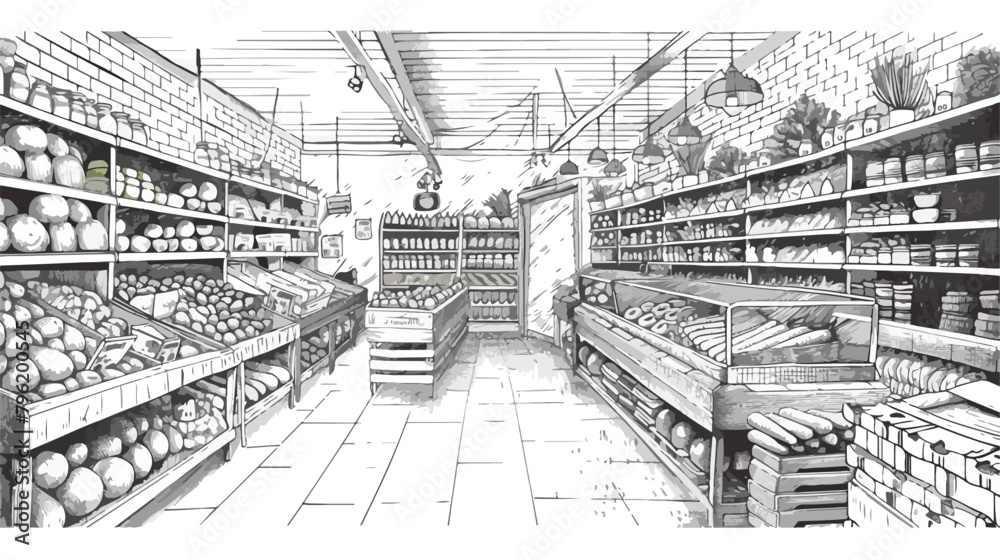 Supermarket interior in hand drawn style. Grocery