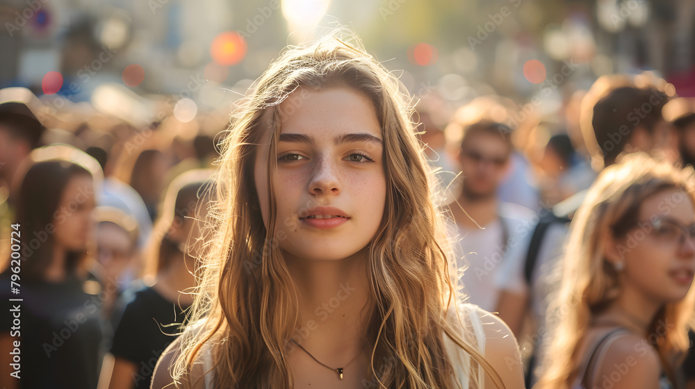 Banner with a young beautiful woman looking at camera in the crowd Banner with a young beautiful woman looking at camera in the crowd