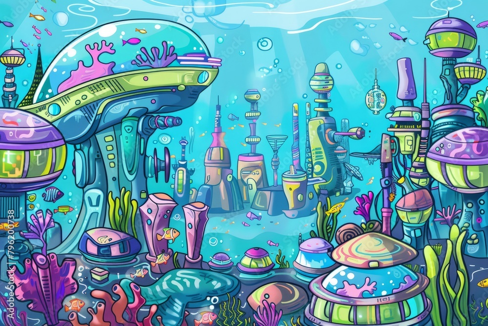 Cartoon cute doodles of a futuristic underwater city teeming with colorful marine life and advanced underwater habitats, Generative AI