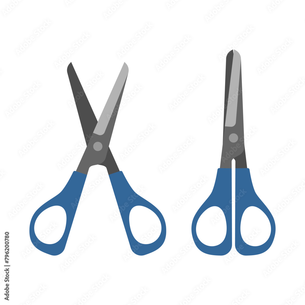 blue stationery scissors open and closed isolated on white background. blue stationery scissors open and closed isolated on white background.