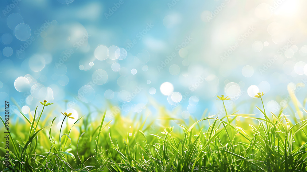 Beautiful sunny spring meadow with green grass and blue sky