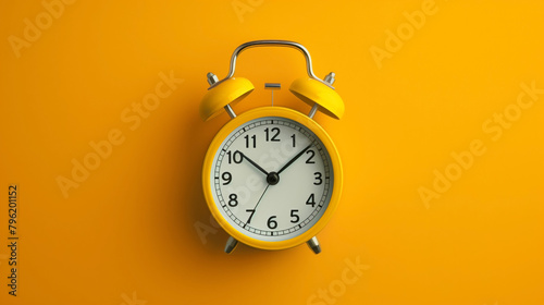 A classic yellow alarm clock centered on a bright yellow background.