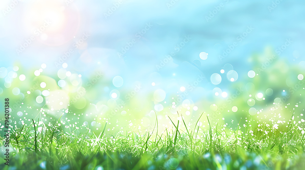 green meadow under a bright, sunlit sky. The light creates a bokeh effect with sparkling dewdrops, conveying a sense of freshness and the tranquil beauty of early summer mornings.