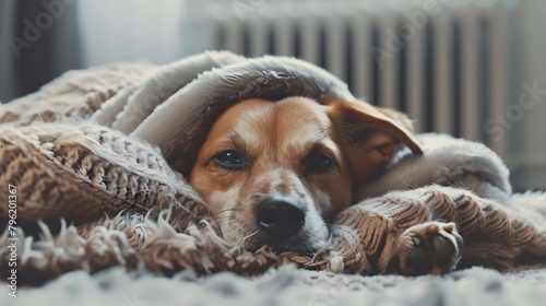 毛布で温まる犬