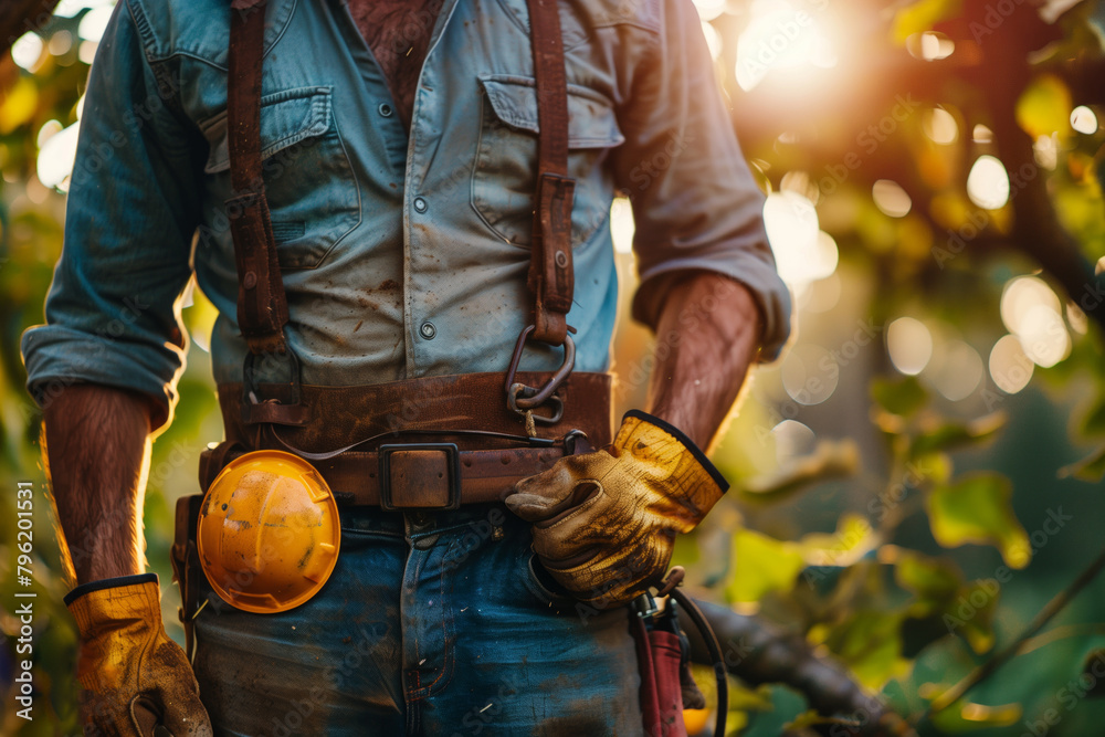 Fototapeta premium Male worker technician in gloves against the backdrop of sunset in the garden