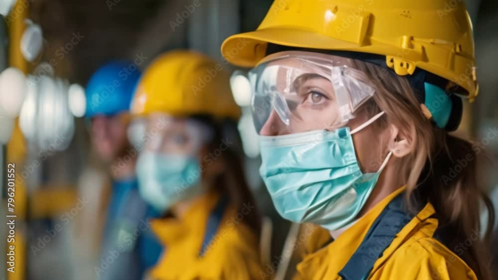 Employees working on the construction site, wearing protective equipment and discussing construction phase Employees working on the construction site, wearing protective equipment and discussing construction phase