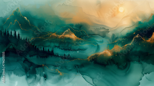abstract painting mountain landscape by fluid green watercolor ink with gold accent of sunlight sky in concept nature, luxury