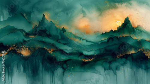 abstract painting mountain landscape by fluid green watercolor ink with gold accent of sunlight sky in concept nature, luxury