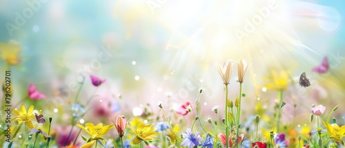 Beautiful meadow background with wildflowers and butterflies, colorful artistic image with a soft focus, Illustration
