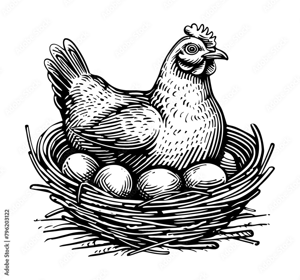 hen incubate egg in nest engraving black and white outline Stock Vector ...